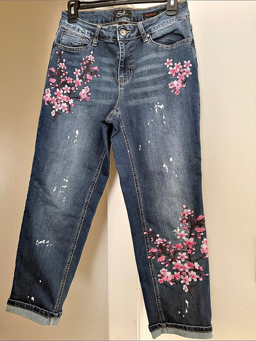 Earl Jean Boyfriend Jeans with Cherry Blossom Embroidery and Paint Splatter